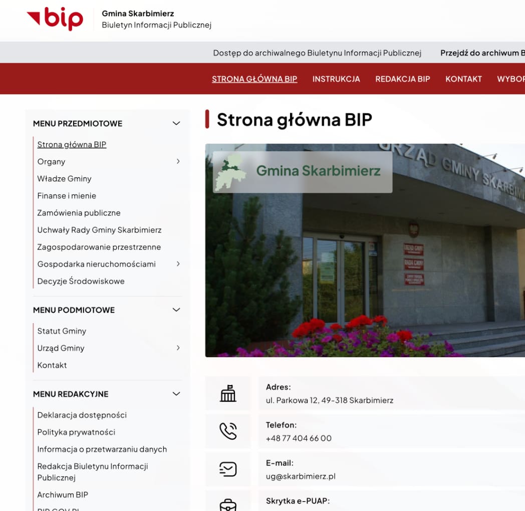 Widok przeglądarki internetowej wskazującej stronę główną Biuletynu Informacji Publicznej Gminy Skarbimierz
