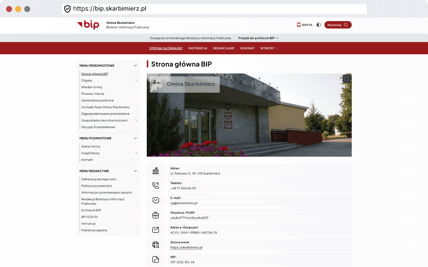 Widok strony głównej Biuletynu Informacji Publicznej Urzędu Gminy Skarbimierz przedstawiony jako prezentacja.