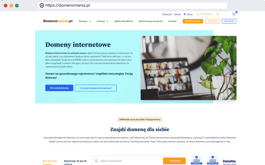 Widok przeglądarki internetowej wskazującej stronę serwisu internetowego domenomania.pl
