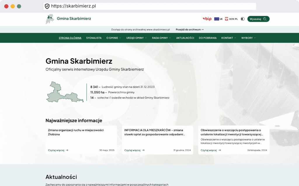 Widok przeglądarki internetowej wskazującej stronę główną Biuletynu Informacji Publicznej Gminy Skarbimierz