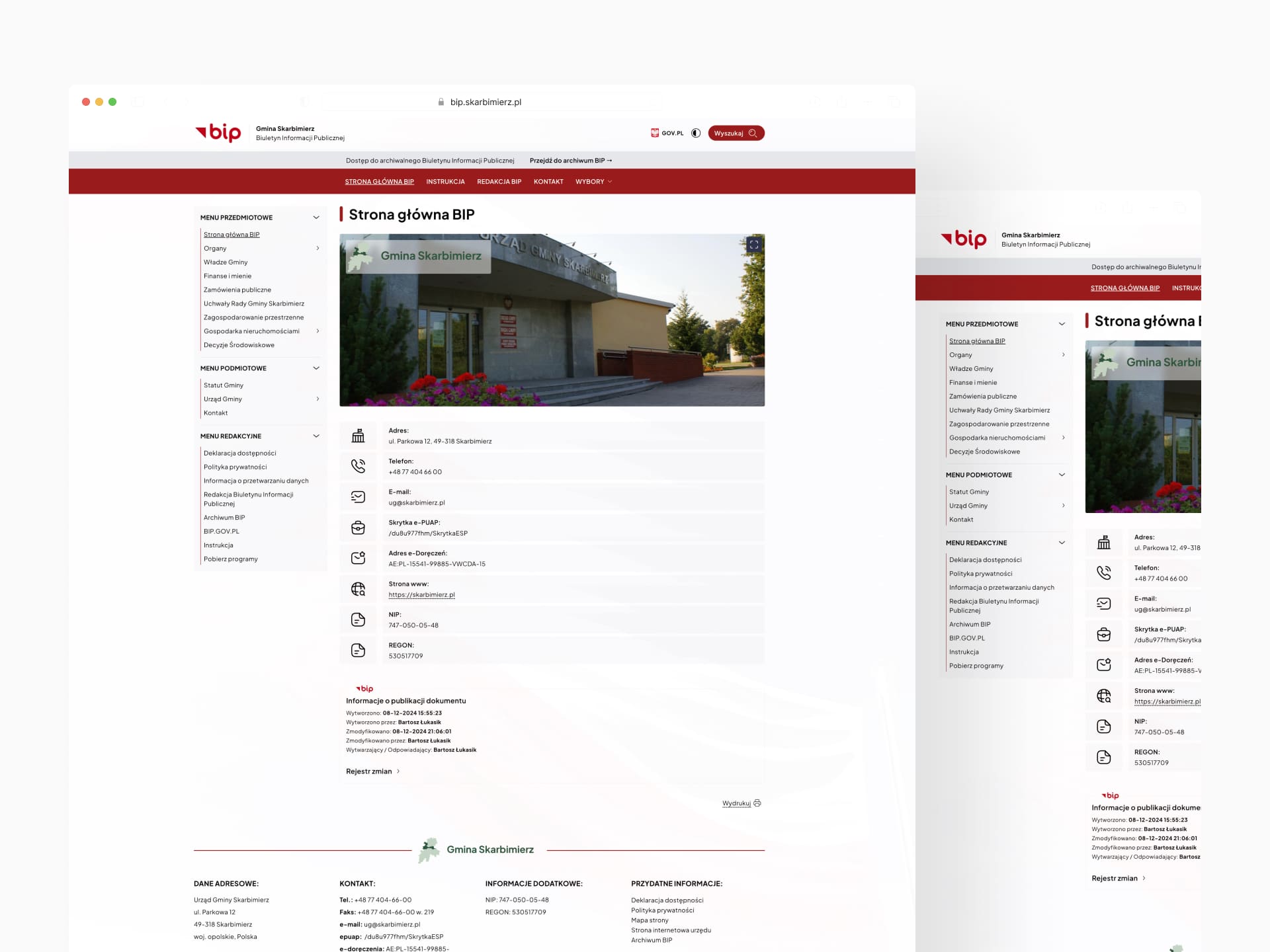 Widok strony głównej Biuletynu Informacji Publicznej Urzędu Gminy Skarbimierz przedstawiony jako prezentacja.