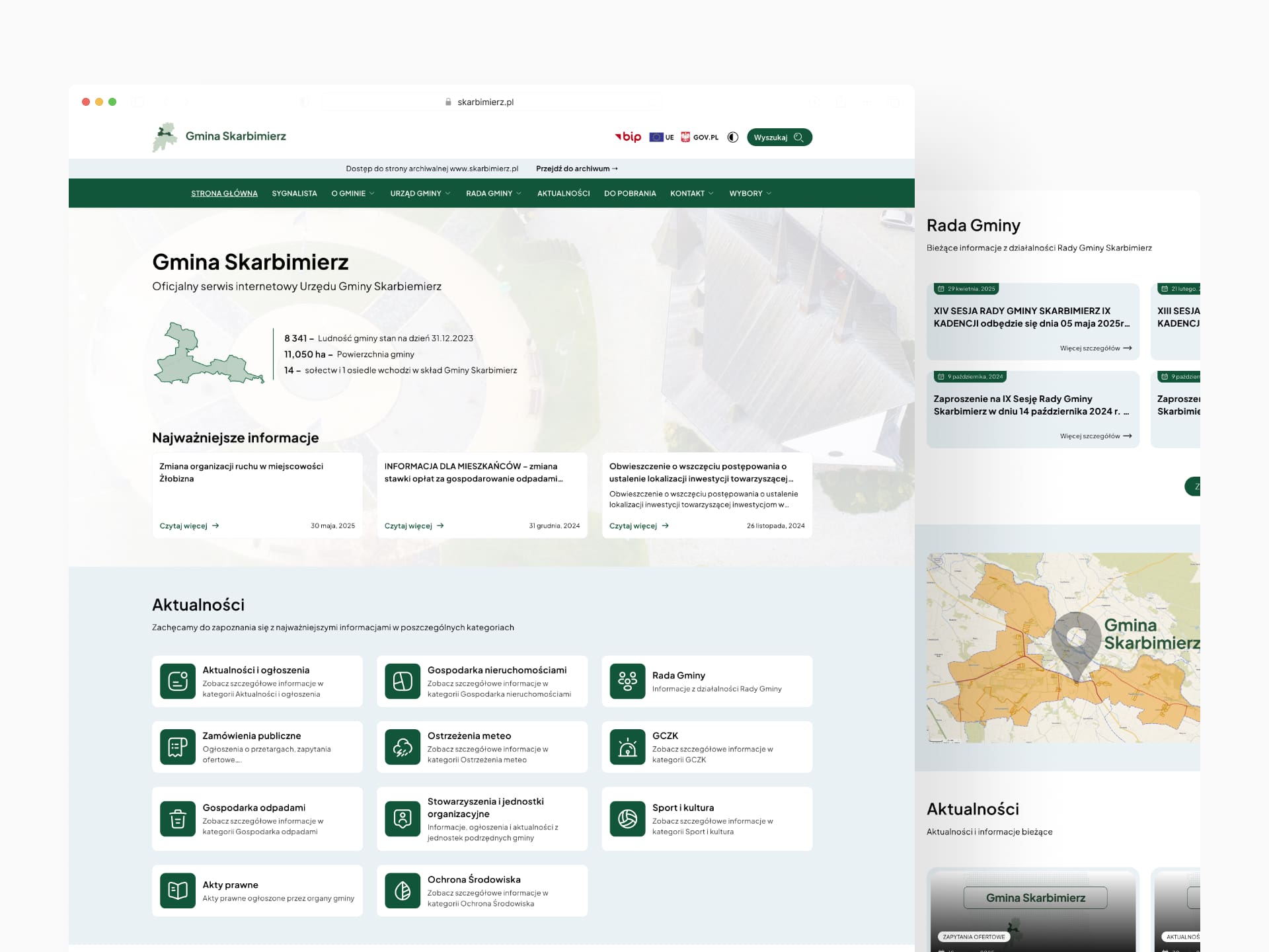 Widok strony głównej serwisu internetowego Urzędu Gminy Skarbimierz przedstawiony jako prezentacja.